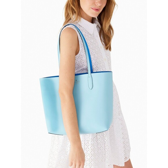 New Kate Spade Ava Reversible Tote with Pouch Double Faced Leather Fountain Blue - Picture 2 of 7
